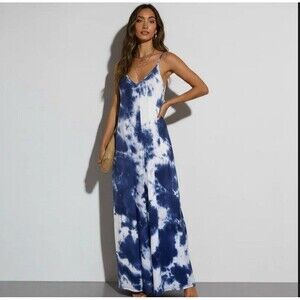 Skivys Femme Goddess Gown Laguna Maxi Dress Loungewear Size XL Navy Blue Tie Dye